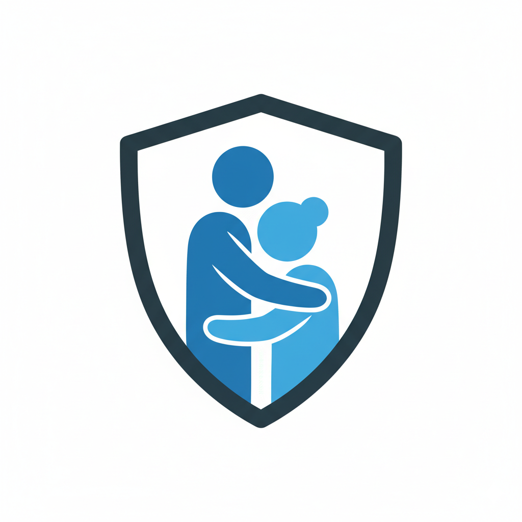 Caregiver app icon: caregiver supporting a loved one inside a shield